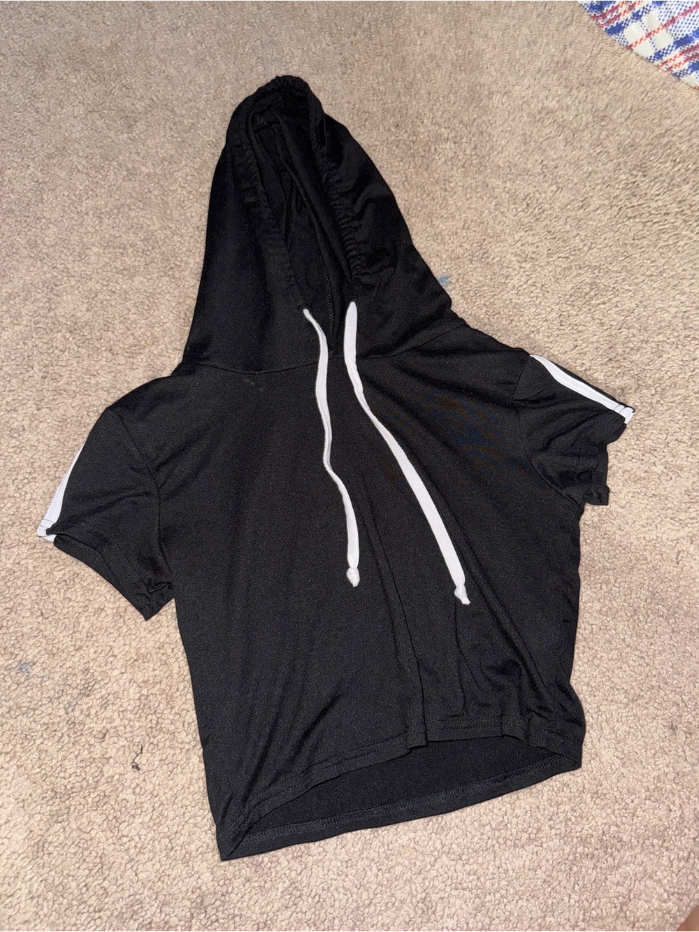 Absolutely Women’s Black Cropped Short Sleeve Hooded Top with White Drawstrings